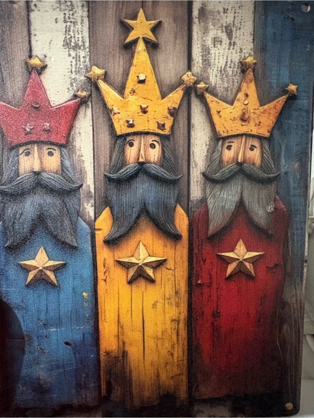 Rustic Three Kings Wall Art Panel in Blue, Yellow & Red